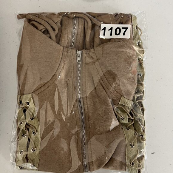 Better Be L Tan Vegan Suede Mini Dress Zip Front Lace Up Stretchy Costal Cowgirl - Picture 16 of 16